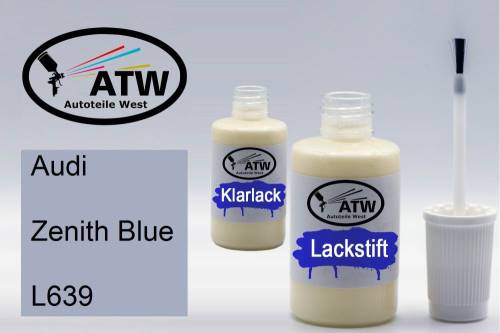 Audi, Zenith Blue, L639: 20ml Lackstift + 20ml Klarlack - Set, von ATW Autoteile West.